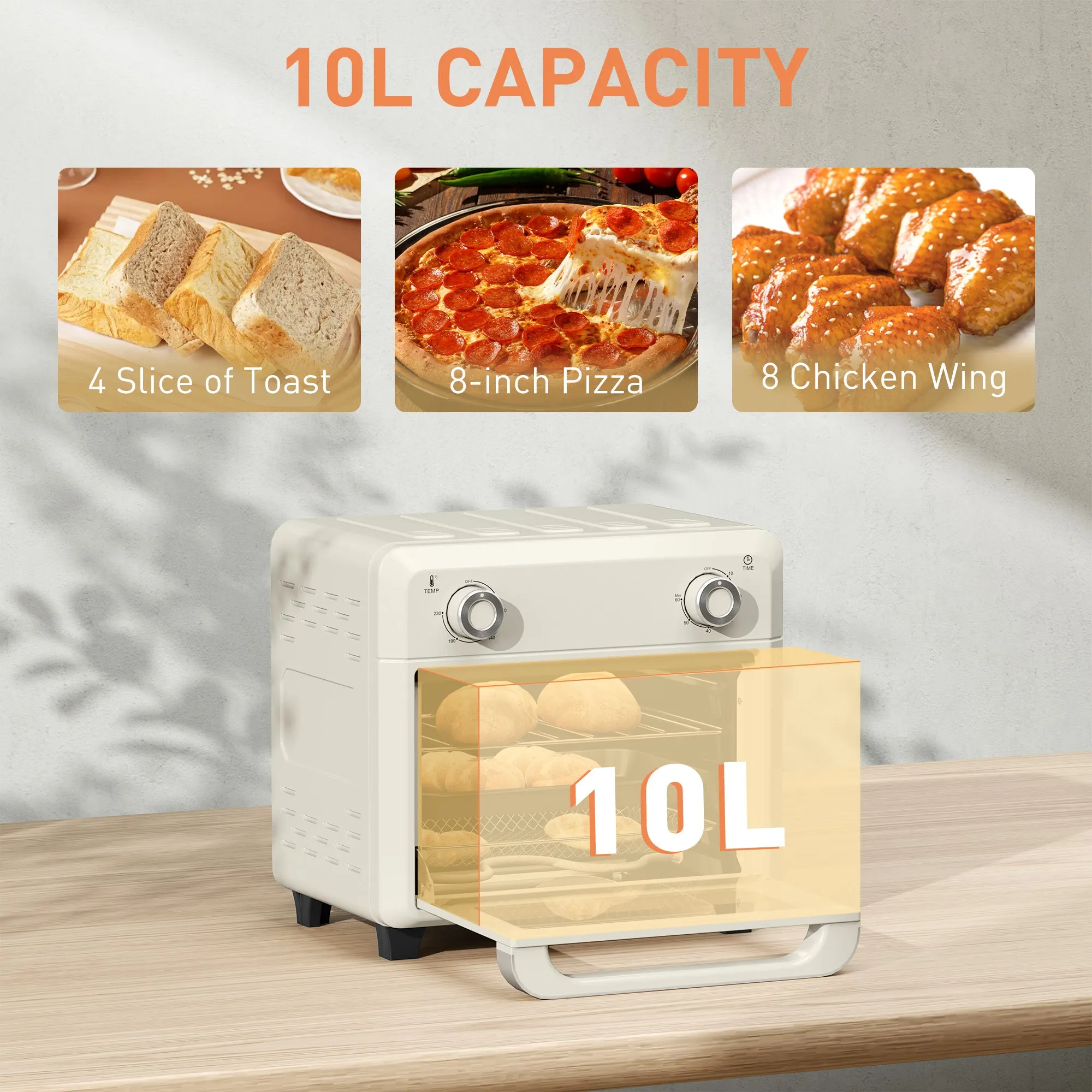 10L Air Fryer Oven, Electric Oven, Grill, Roast, Bake, 1000W, Cream