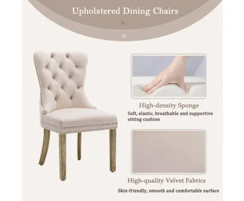 2x Velvet Dining Chairs Upholstered Tufted Kithcen Chair with Solid Wood Legs Stud Trim and Ring-Beige