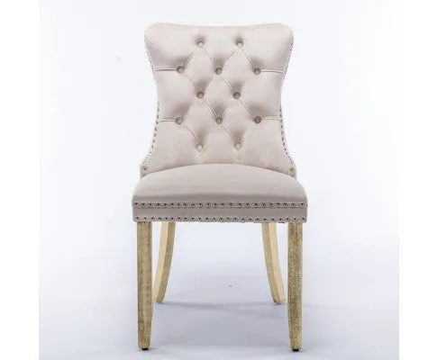 2x Velvet Dining Chairs Upholstered Tufted Kithcen Chair with Solid Wood Legs Stud Trim and Ring-Beige