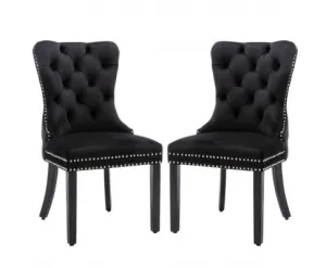 2x Velvet Dining Chairs Upholstered Tufted Kithcen Chair with Solid Wood Legs Stud Trim and Ring-Black