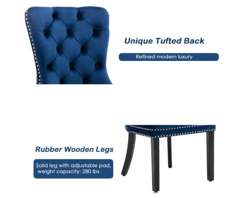 2x Velvet Dining Chairs Upholstered Tufted Kithcen Chair with Solid Wood Legs Stud Trim and Ring-Blue