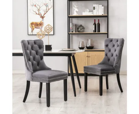 6x Velvet Dining Chairs Upholstered Tufted Kithcen Chair with Solid Wood Legs Stud Trim and Ring-Gray