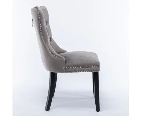 6x Velvet Dining Chairs Upholstered Tufted Kithcen Chair with Solid Wood Legs Stud Trim and Ring-Gray