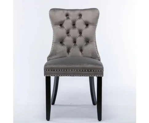 6x Velvet Dining Chairs Upholstered Tufted Kithcen Chair with Solid Wood Legs Stud Trim and Ring-Gray