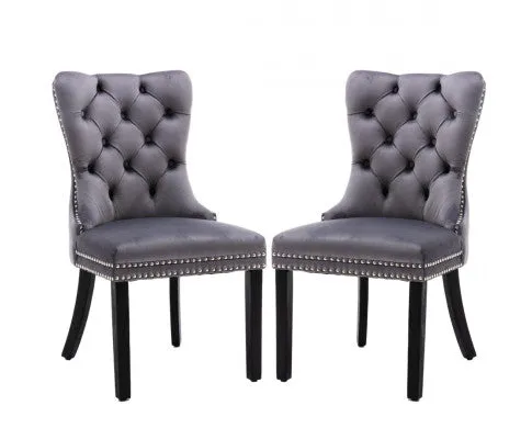 8x Velvet Dining Chairs Upholstered Tufted Kithcen Chair with Solid Wood Legs Stud Trim and Ring-Gray