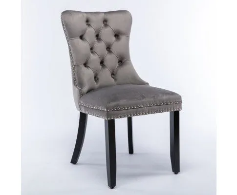 8x Velvet Dining Chairs Upholstered Tufted Kithcen Chair with Solid Wood Legs Stud Trim and Ring-Gray