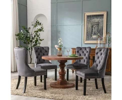 8x Velvet Dining Chairs Upholstered Tufted Kithcen Chair with Solid Wood Legs Stud Trim and Ring-Gray