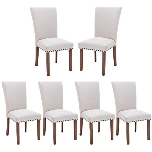 COLAMY Upholstered Parsons Dining Chairs Set of 6, Fabric Dining Room Kitchen Side Chair with Nailhead Trim and Wood Legs - Beige