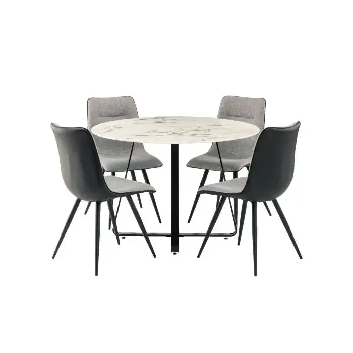 Mia White Ceramic Marble Round Dining Table Set Including 4 Chairs