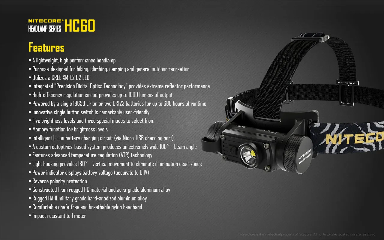 NITECORE 1000 LUMENS LED HEADLAMP (HC60)