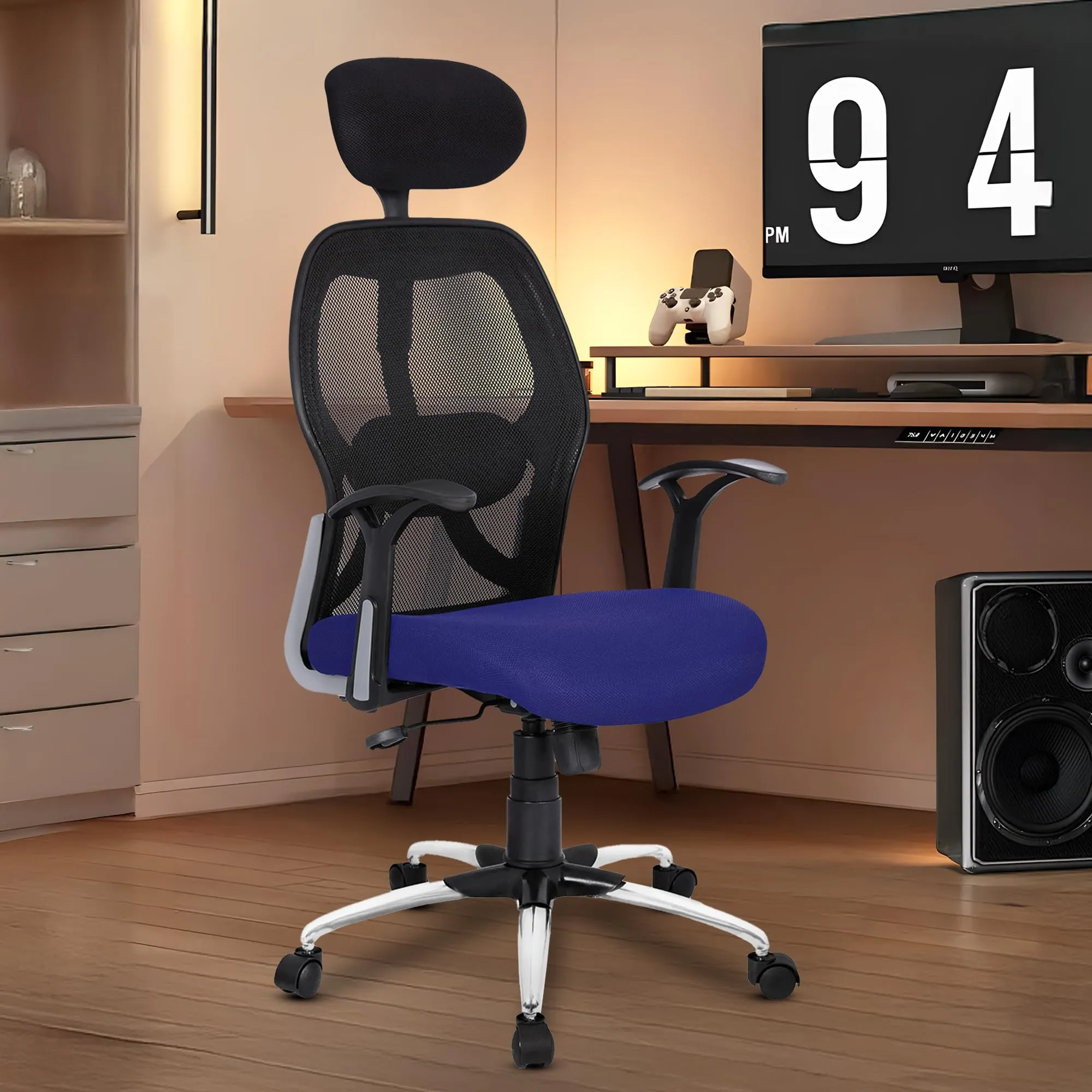 SAVYA HOME Apollo High Back Ergonomic Office Chair/Chair for Office Work at Home/Chairs for Home/Office Chairs for Work from Home/2D LumbarSupport & Headrest, Tiltlock Mechanism,Steel Base-Blue