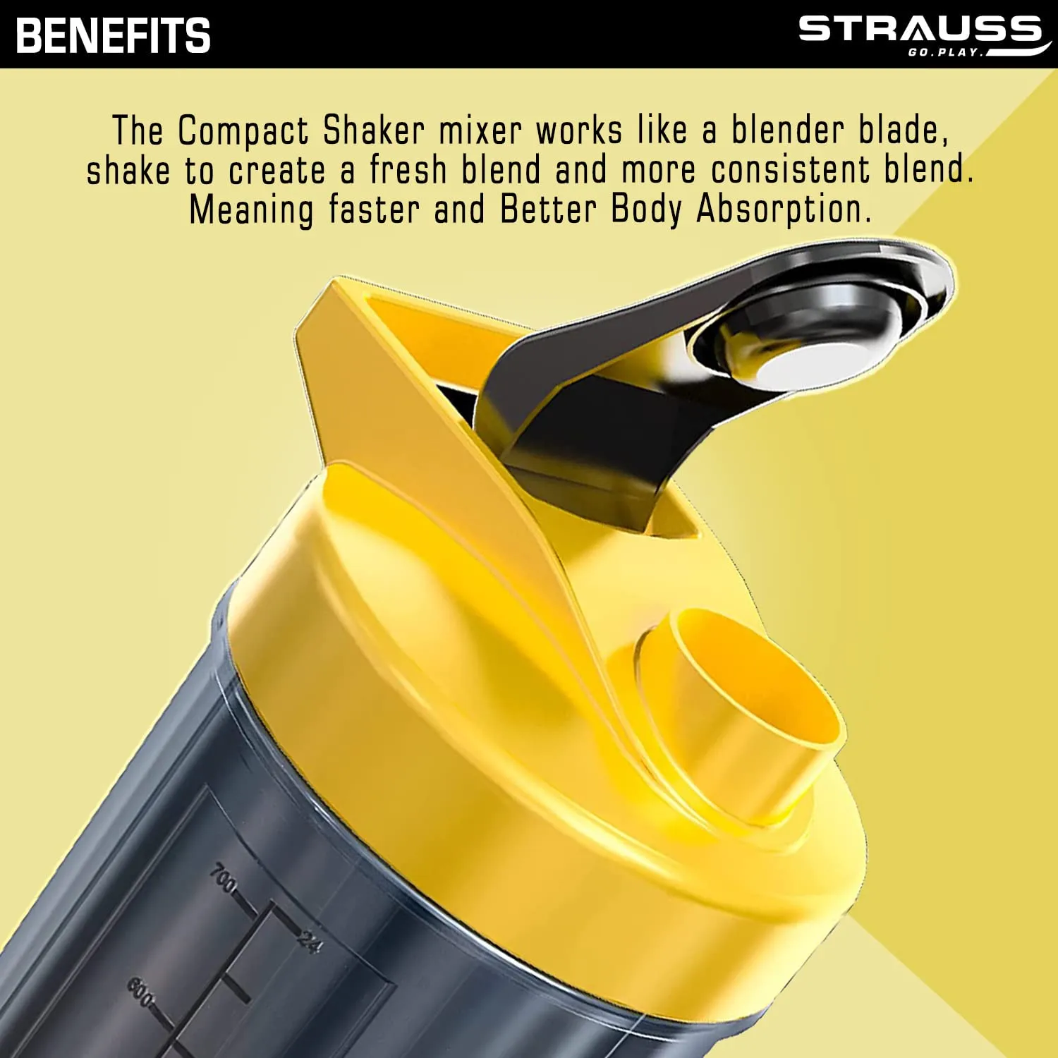 STRAUSS Energy Shaker Bottle, Black Shade, (Yellow)