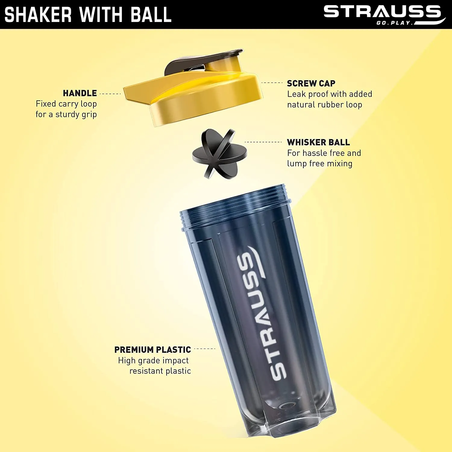 STRAUSS Energy Shaker Bottle, Black Shade, (Yellow)