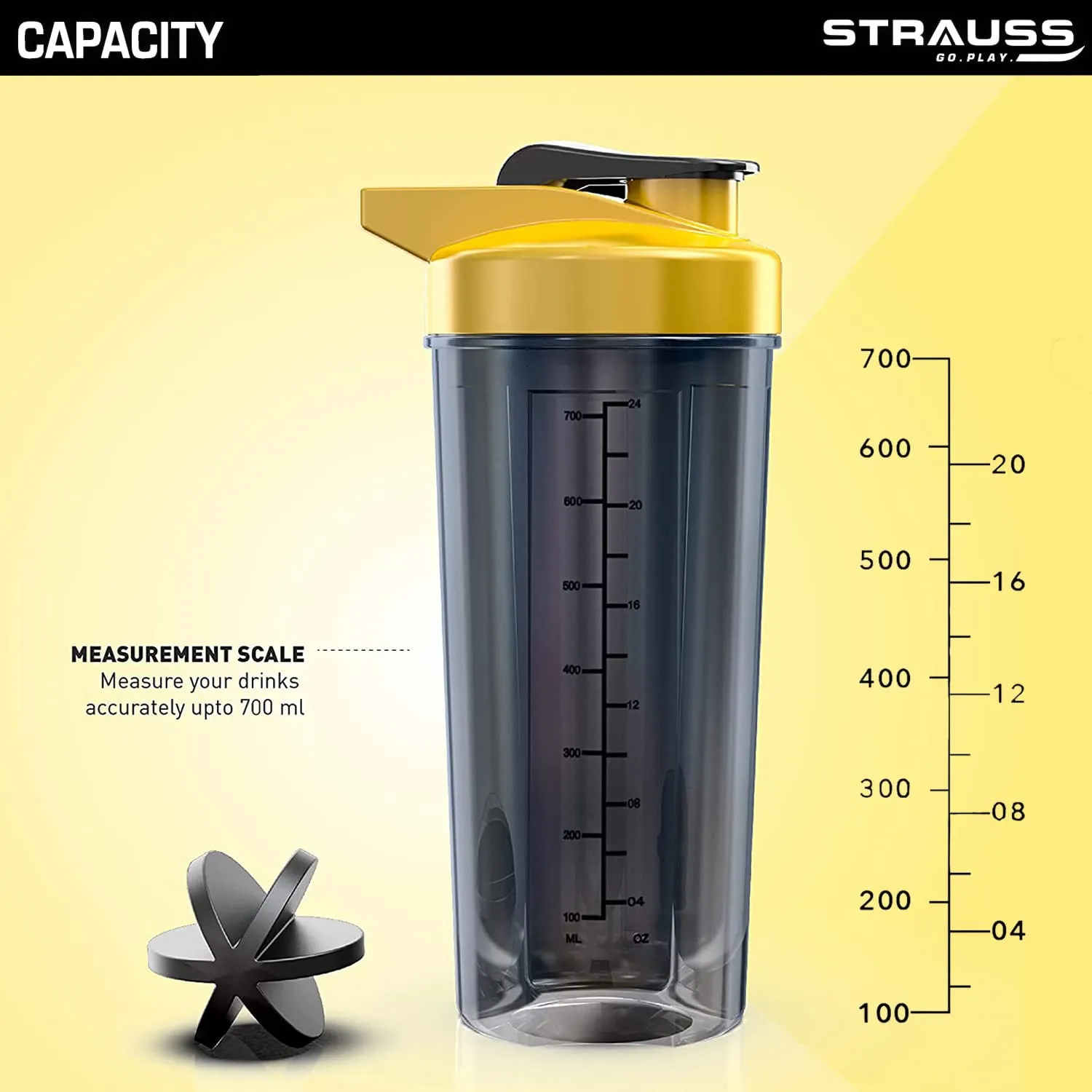 STRAUSS Energy Shaker Bottle, Black Shade, (Yellow)